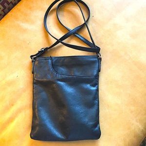Margot N.Y. Black Leather Heritage Front Pocket Crossbody, Zip Close